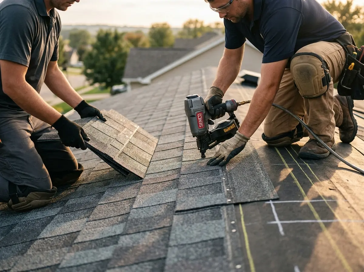 Professional roofer working on a residential roof in Kennett